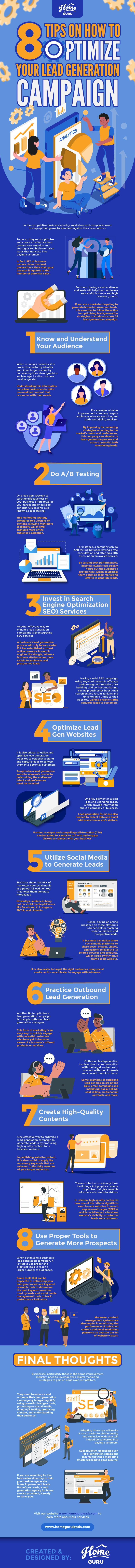 This infographic outlines 8 essential tips for optimizing lead generation campaigns, covering topics like A/B testing, SEO, and social media.