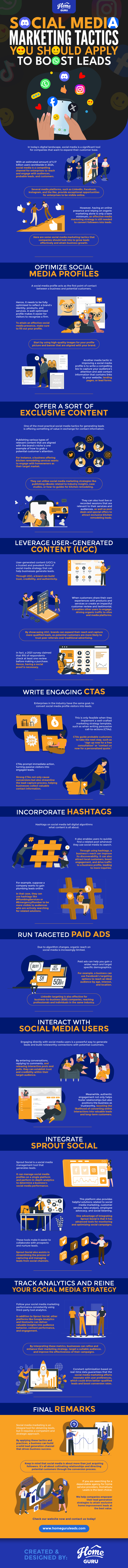 This infographic highlights 8 social media marketing tactics to boost leads, including profile optimization, exclusive content, UGC, engaging CTAs, hashtags, paid ads, user interaction, and analytics tracking.